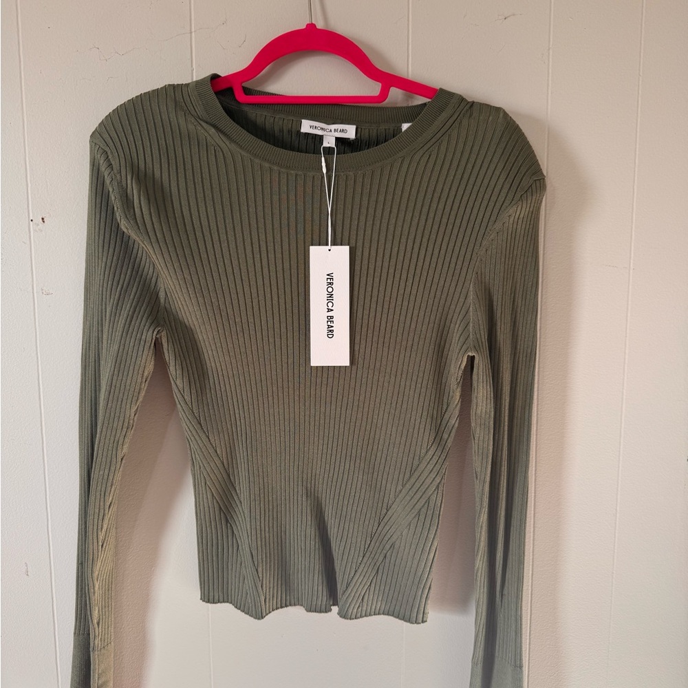 Veronica Beard Olive Ribbed Long Sleeve Top